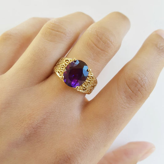 Natural Oval Cut Amethyst Filigree Statement Rings For Women - 14k Gold Vermeil Ring