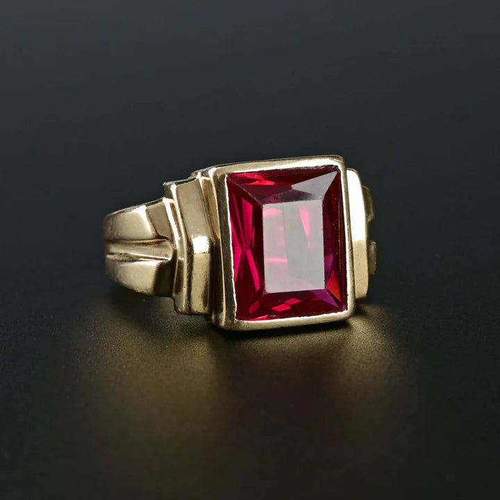 14k Gold Vermeil Emerald Cut Ruby Signet Art deco RIng