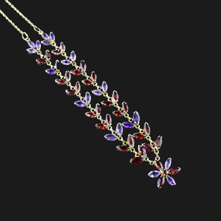 Vintage Amethyst & Garnet Floral Chain 14k Gold Vermeil Necklace