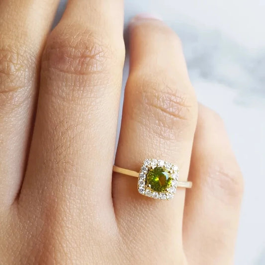 Natural Round Cut Peridot Unique Halo Engagement Rings - 14k Gold Vermeil Rings