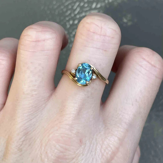 Natural Oval Cut Swiss Blue Topaz Three Stone Promise Statement Rings - 14k Gold Vermeil Ring