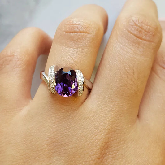 Natural Oval Amethyst Promise Ring - 925 Sterling Silver Rings