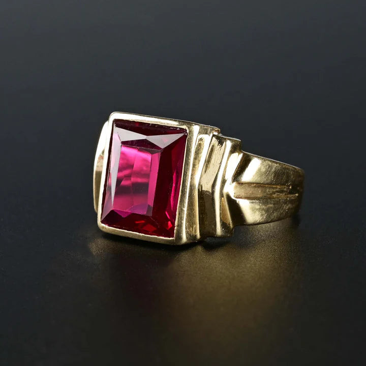 14k Gold Vermeil Emerald Cut Ruby Signet Art deco RIng