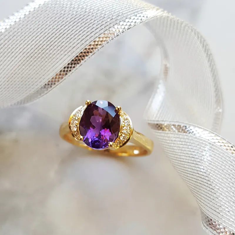 Natural Oval Cut Amethyst Unique Engagement Rings For Women - 14k Gold Vermeil Rings