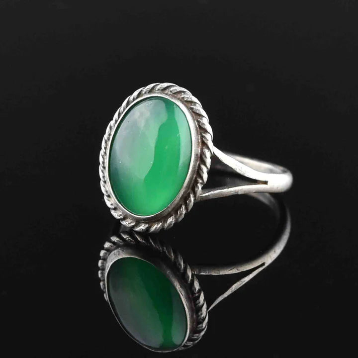 Natural Oval Cut Green Onyx 925 Sterling Silver Boho Ring