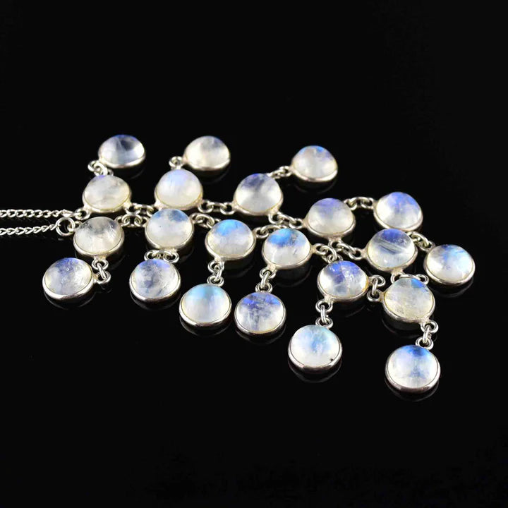 Natural Rainbow Moonstone Vintage Fringe Bib  925 Sterling Silver Necklace