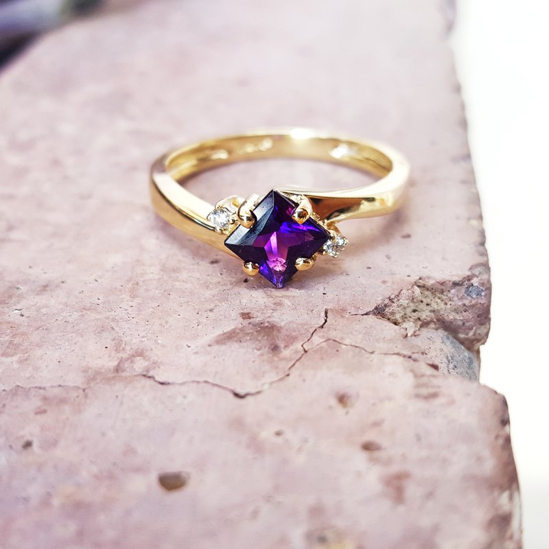 Natural Princess Cut Amethyst Three Stone Promise Statement Rings - 14k Gold Vermeil Rings