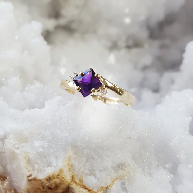 Natural Princess Cut Amethyst Three Stone Promise Statement Rings - 14k Gold Vermeil Rings