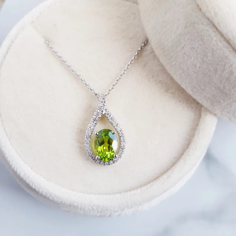 Natural Oval Cut Peridot Halo Vintage Pendant For Women - 925 Sterling Silver Necklace
