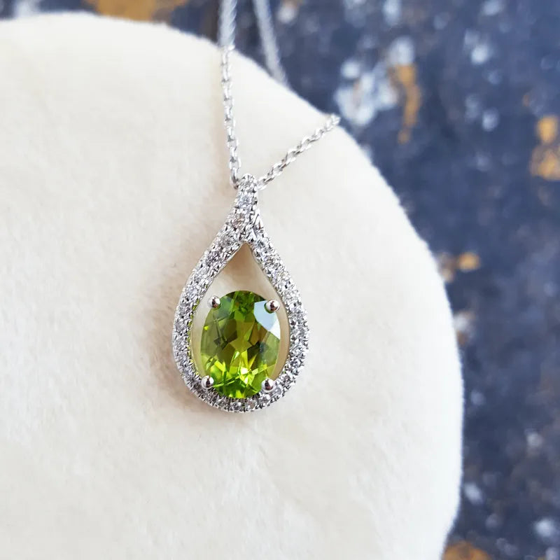 Natural Oval Cut Peridot Halo Vintage Pendant For Women - 925 Sterling Silver Necklace
