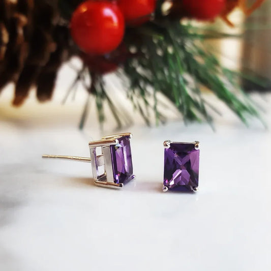 Natural Emerald Cut Simple Prong Set Amethyst Statement Studs For Women -  925 Sterling Silver Studs