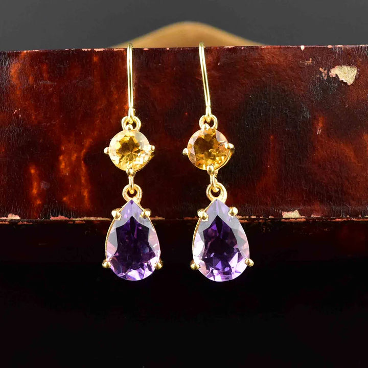 Natural Amethyst & Citrine Two Stone Drop Earrings