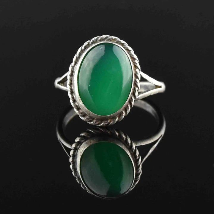 Natural Oval Cut Green Onyx 925 Sterling Silver Boho Ring