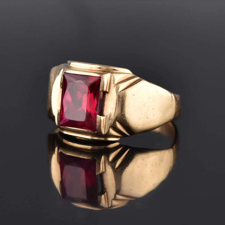 Ruby Emerald Cut Solitaire Signet 14k Gold Vermeil Rings