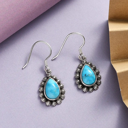 Native American Teardrop Turquoise Southwestern Style Earrings - 925 Sterling Silver Earrings