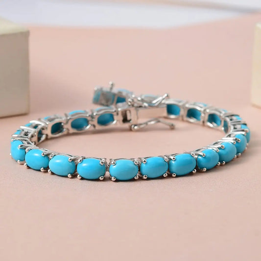 Natural Oval Cut Sleeping Beauty Turquoise Tennis Statement Bracelets For Women - 925 Sterling Silver Bracelets