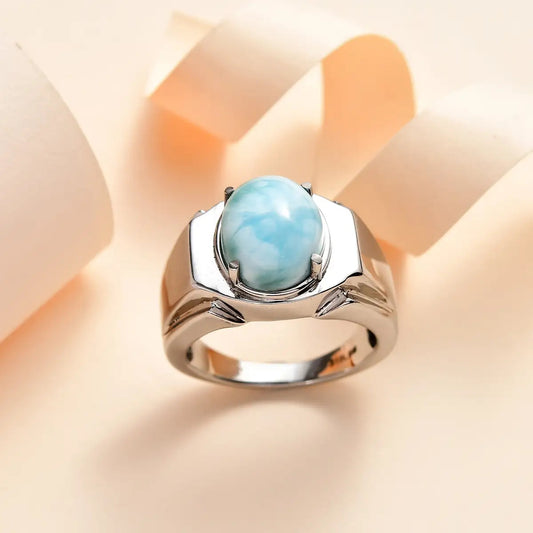 Natural Oval Cut Larimar Signet Statement Rings For Women - 925 Sterling Silver Rings