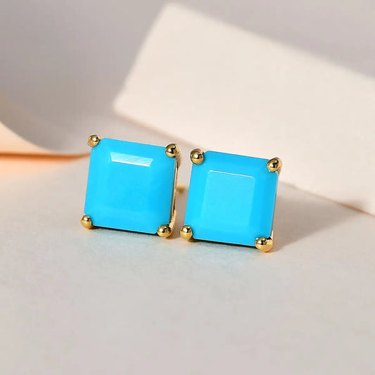 Sleeping Beauty Turquoise Square Cut Solitaire Statement Studs For Women - 14k Gold Vermeil Studs