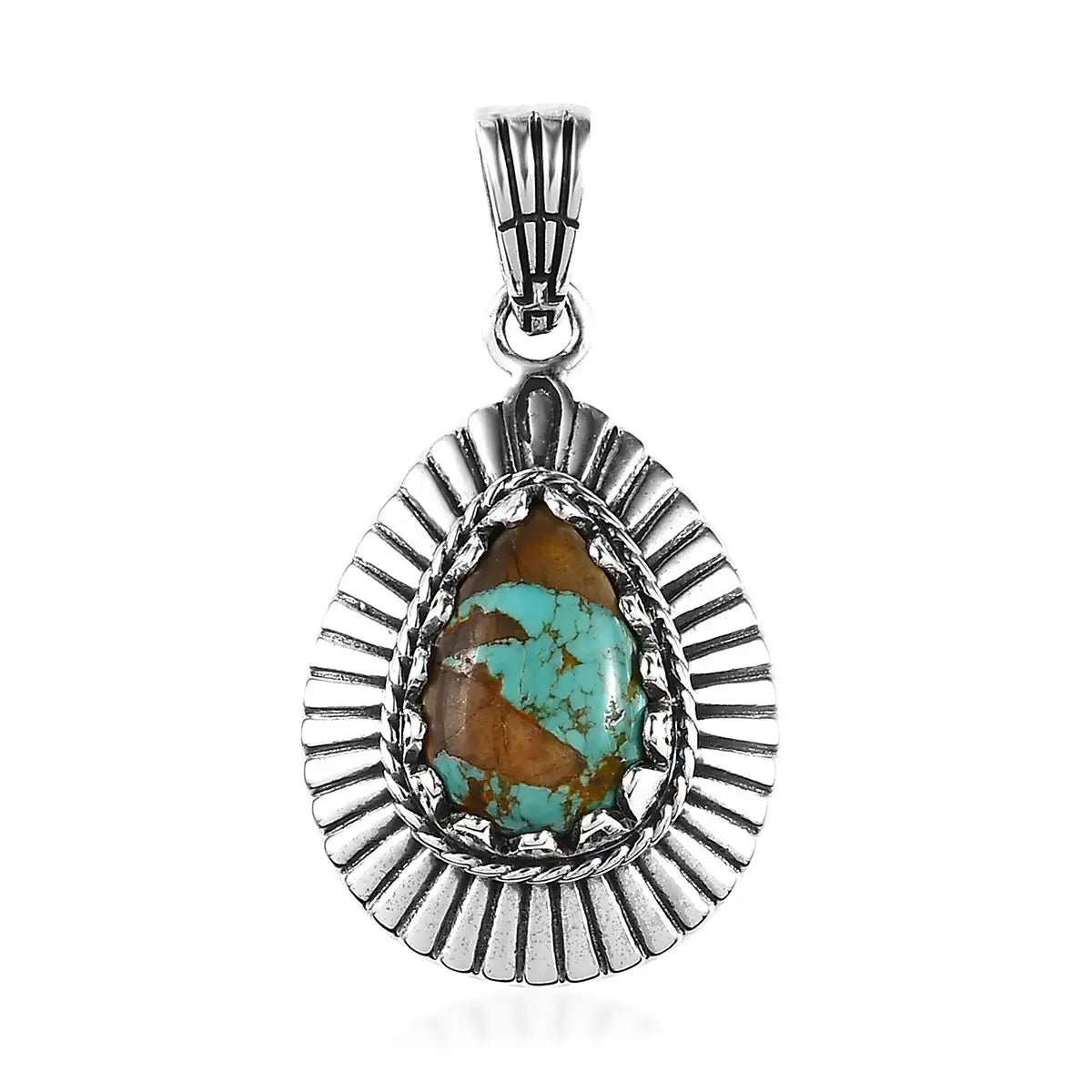 Native American Teardrop Turquoise Southwestern Style Pendant For Women - 925 Sterling Silver Pendant