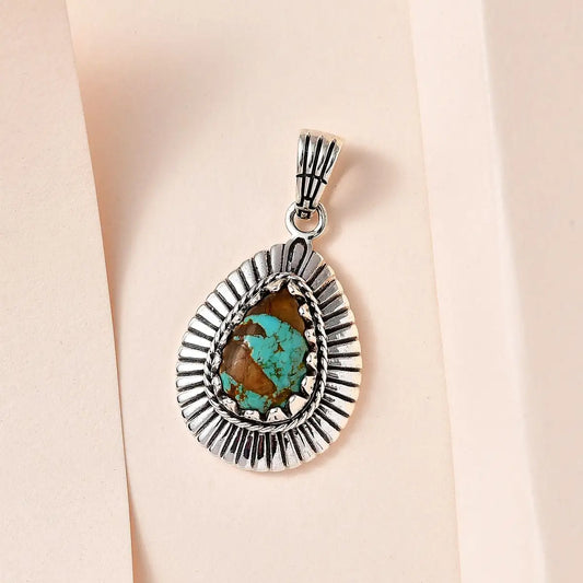 Native American Teardrop Turquoise Southwestern Style Pendant For Women - 925 Sterling Silver Pendant