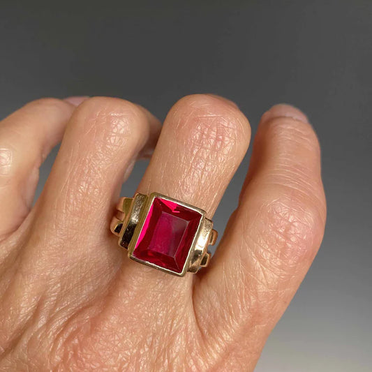 14k Gold Vermeil Emerald Cut Ruby Signet Art deco RIng