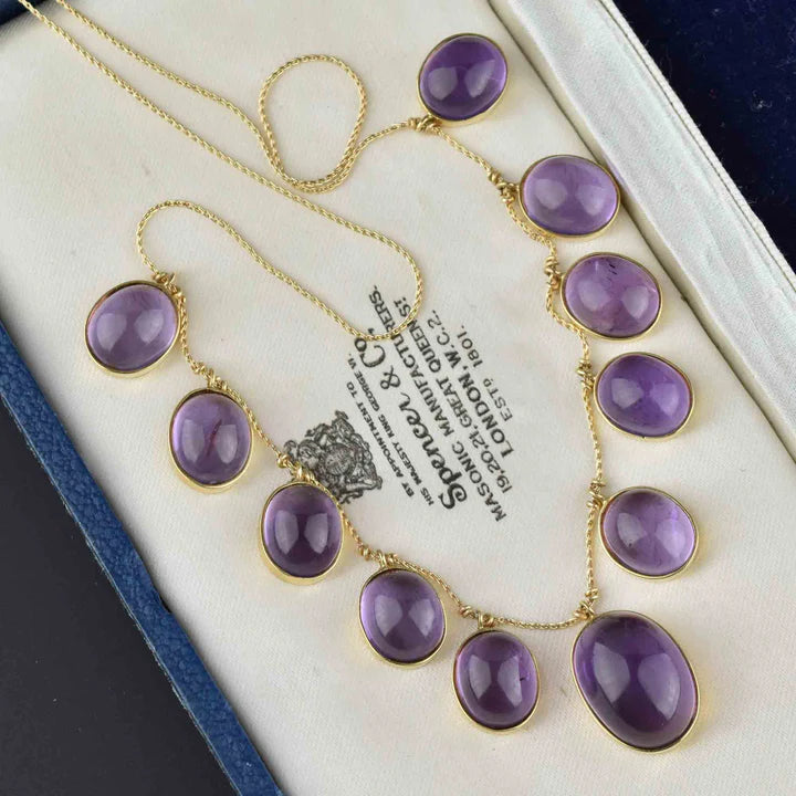 Natural Oval Cut  Amethyst Cabochon Vintage Fringe Necklace - 14k Gold Vermeil