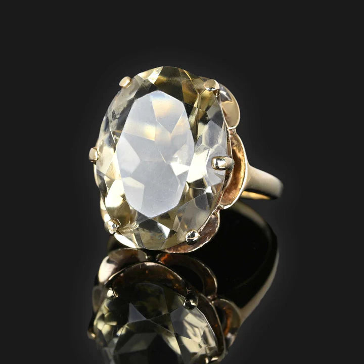 Natural Oval Cut Lemon Quartz Vintage Buttercup Set 14k Gold Vermeil Rings