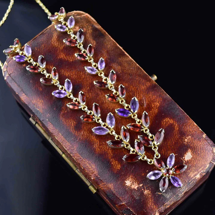 Vintage Amethyst & Garnet Floral Chain 14k Gold Vermeil Necklace