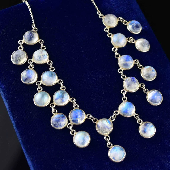 Natural Rainbow Moonstone Vintage Fringe Bib  925 Sterling Silver Necklace