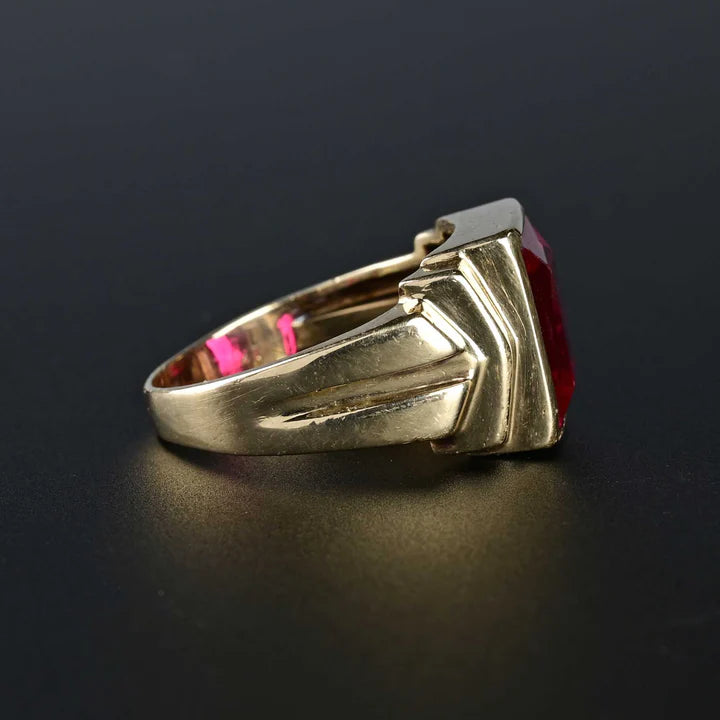 14k Gold Vermeil Emerald Cut Ruby Signet Art deco RIng