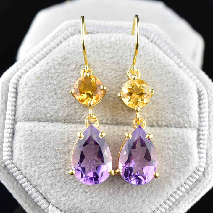 Natural Amethyst & Citrine Two Stone Drop Earrings