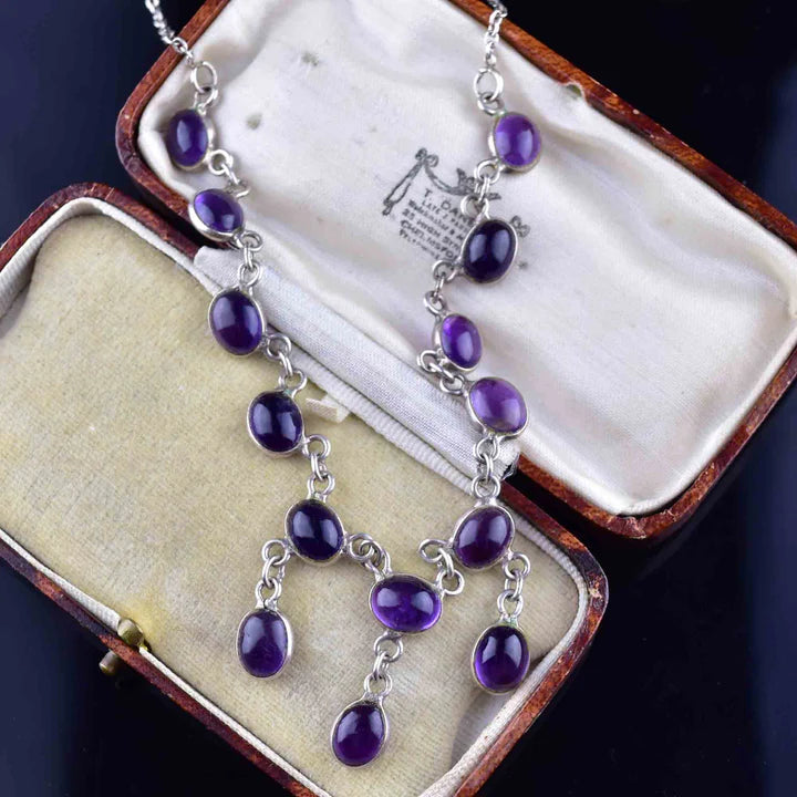 Vintage Art Deco Style Amethyst Cabochon Drop Sterling Silver Necklace