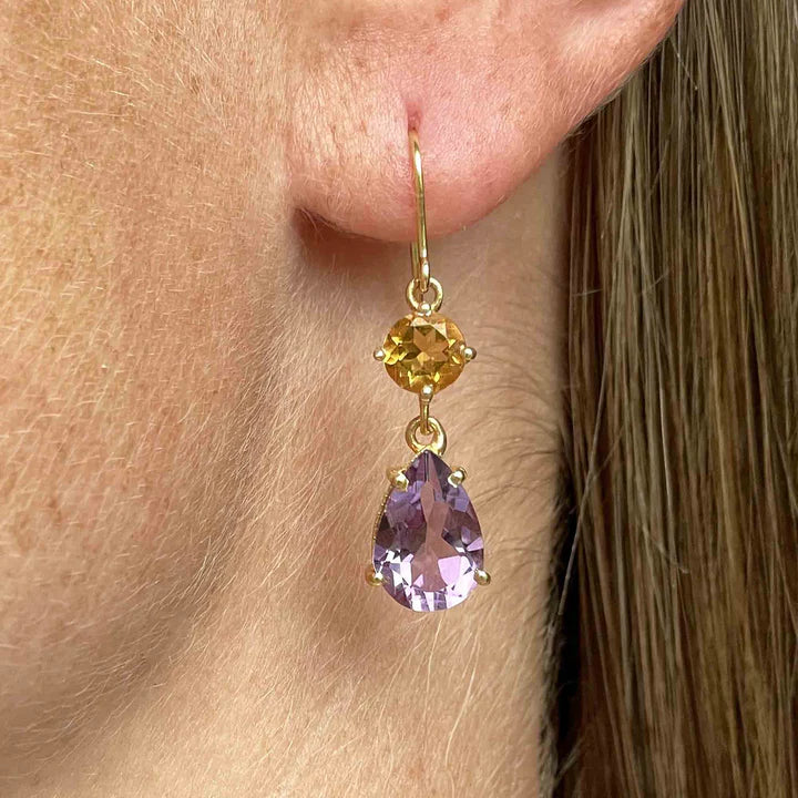 Natural Amethyst & Citrine Two Stone Drop Earrings