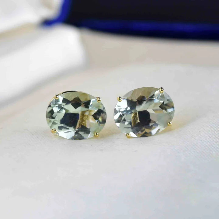 Natural Oval Cut Green Amethyst Sterling Silver Solitaire Studs