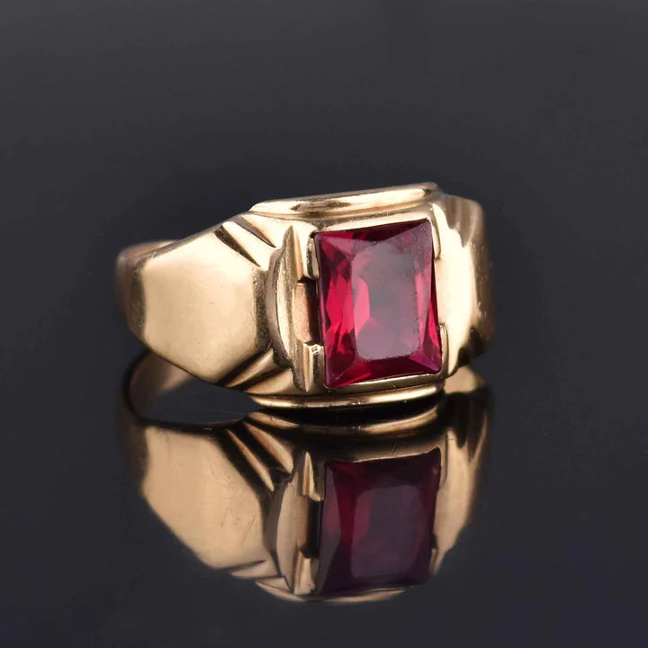 Ruby Emerald Cut Solitaire Signet 14k Gold Vermeil Rings