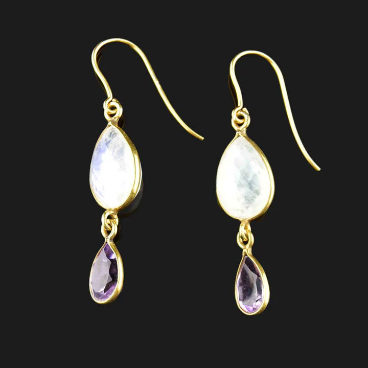 Amethyst And Rainbow Moonstone Two Stone  14k Gold Vermeil Earrings