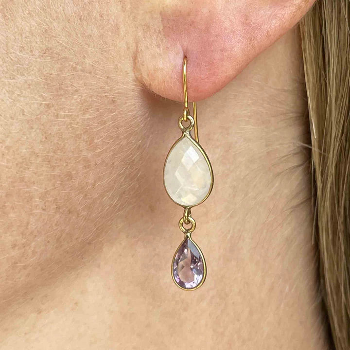 Amethyst And Rainbow Moonstone Two Stone  14k Gold Vermeil Earrings