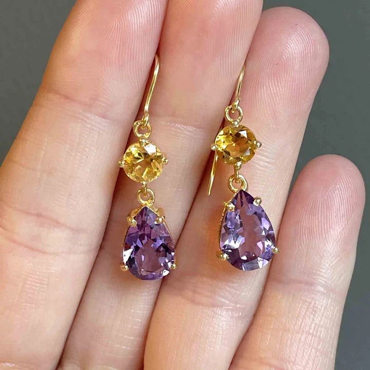 Natural Amethyst & Citrine Two Stone Drop Earrings