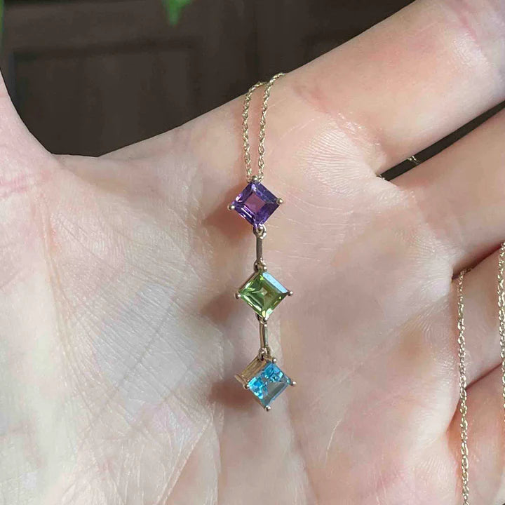 Natural Peridot, Amethyst And Blue Topaz Three Stone Pendant - 925 Sterling Silver Pendant