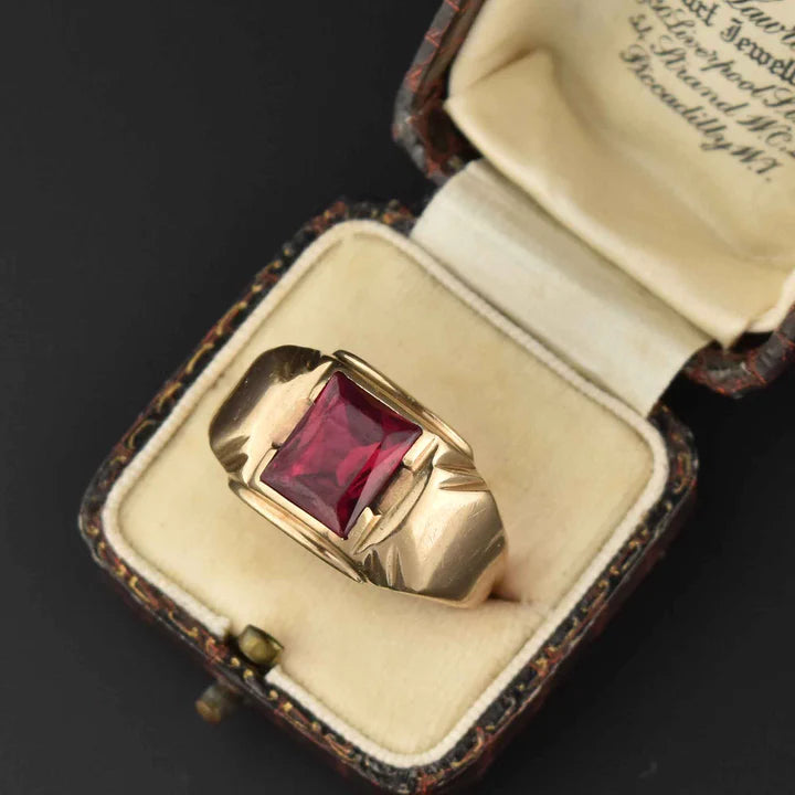 Ruby Emerald Cut Solitaire Signet 14k Gold Vermeil Rings