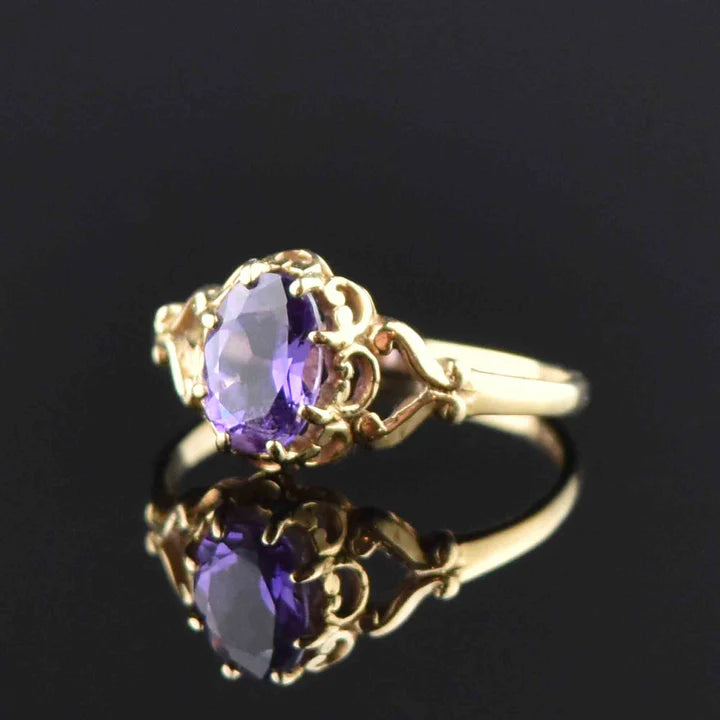 Natural Oval Cut Amethyst 14k Gold Vermeil Vintage Solitaire Ring