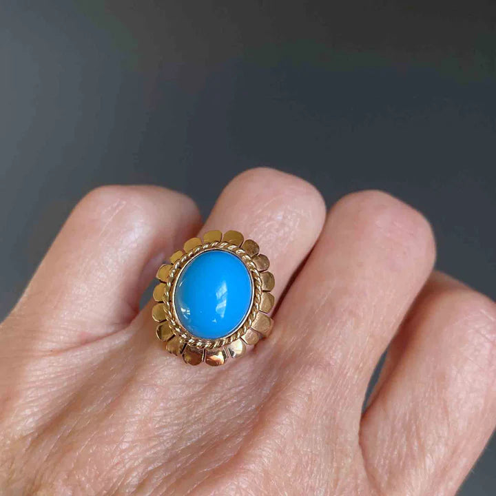 Natural Sleeping Beauty Turquoise Floral Shaped Vintage Solitaire Ring - 14k Gold Vermeil