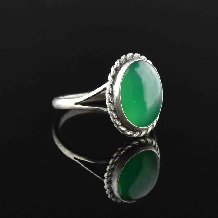 Natural Oval Cut Green Onyx 925 Sterling Silver Boho Ring