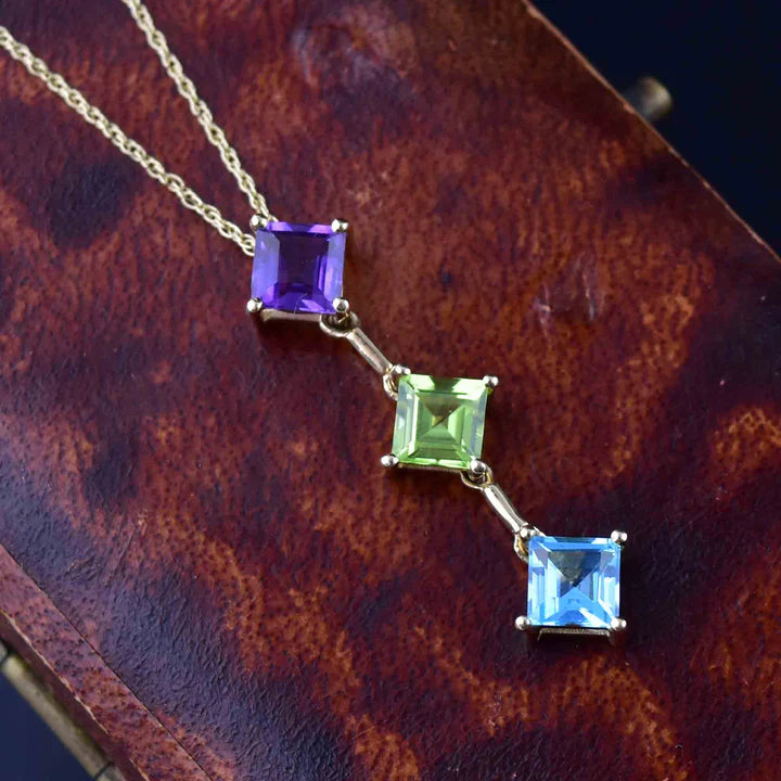 Natural Peridot, Amethyst And Blue Topaz Three Stone Pendant - 925 Sterling Silver Pendant