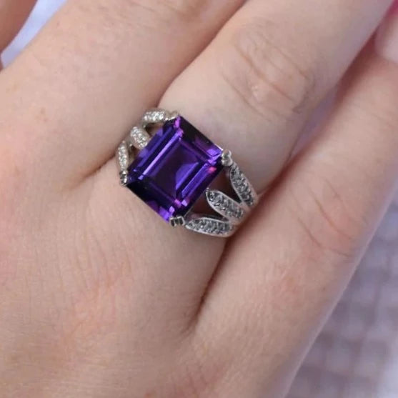 Natural Emerald Cut Amethyst Art Deco Engagement Ring - 925 STerling Silver Rings