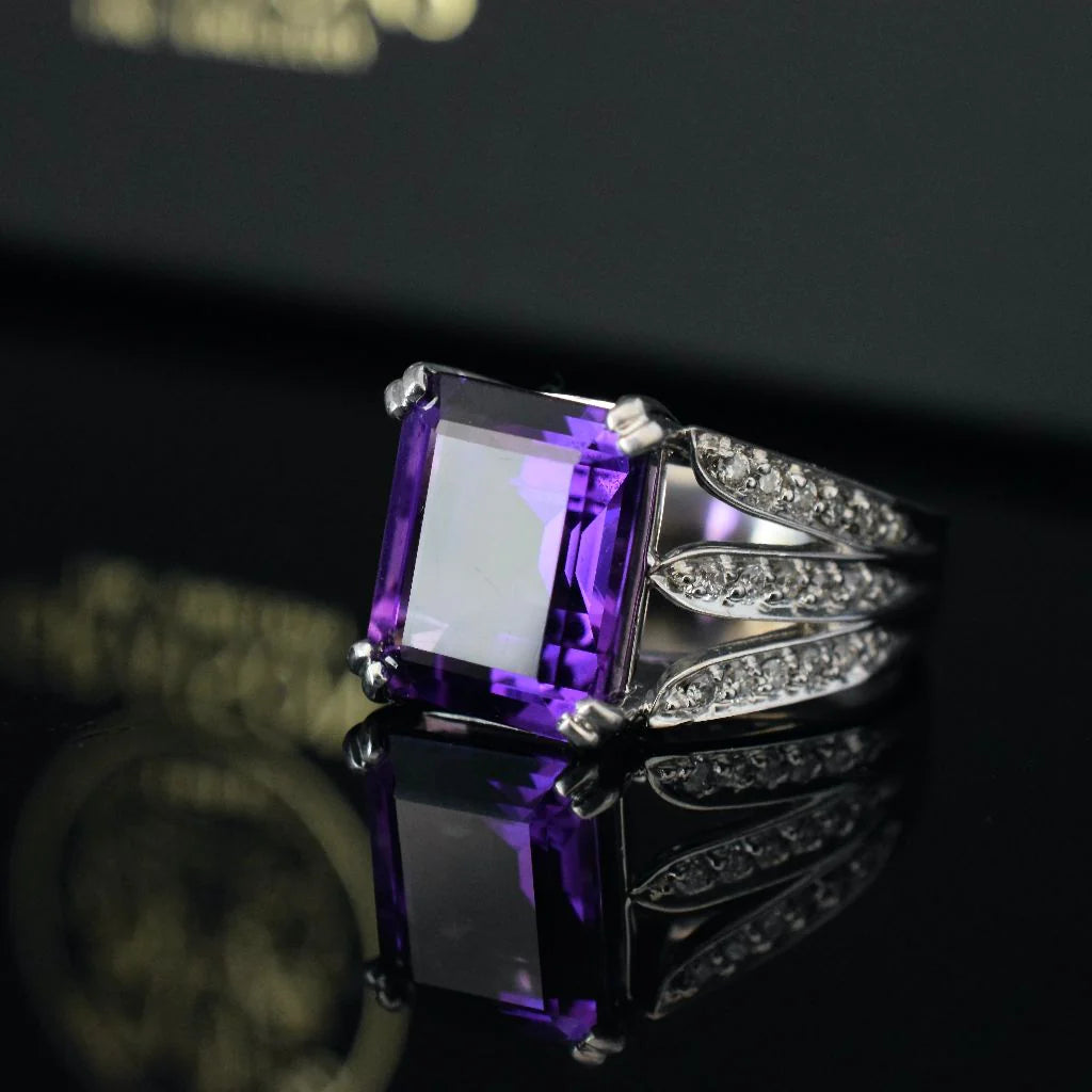 Natural Emerald Cut Amethyst Art Deco Engagement Ring - 925 STerling Silver Rings