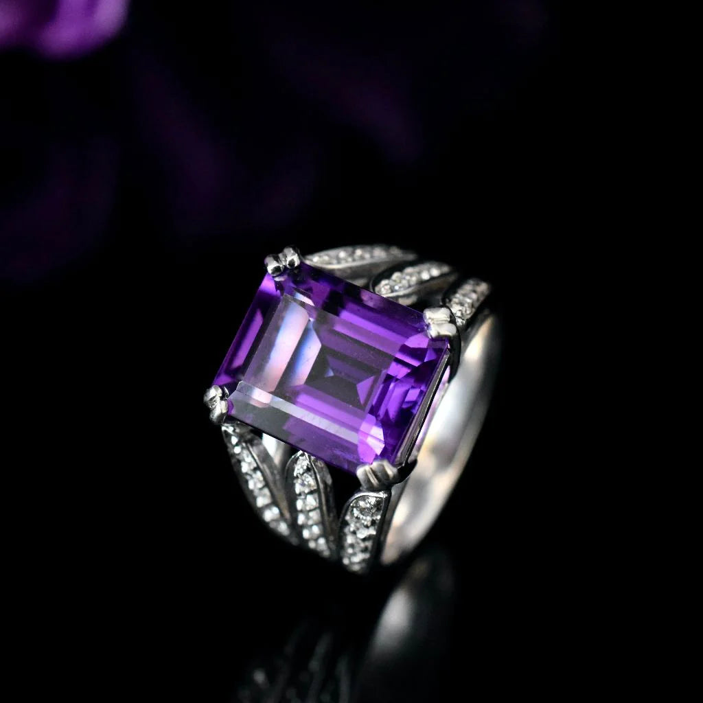 Natural Emerald Cut Amethyst Art Deco Engagement Ring - 925 STerling Silver Rings