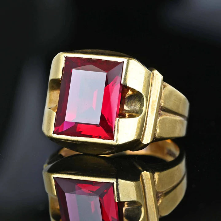 Vintage Emerald Cut Ruby Chunky Signet Gold Vermeil Rings