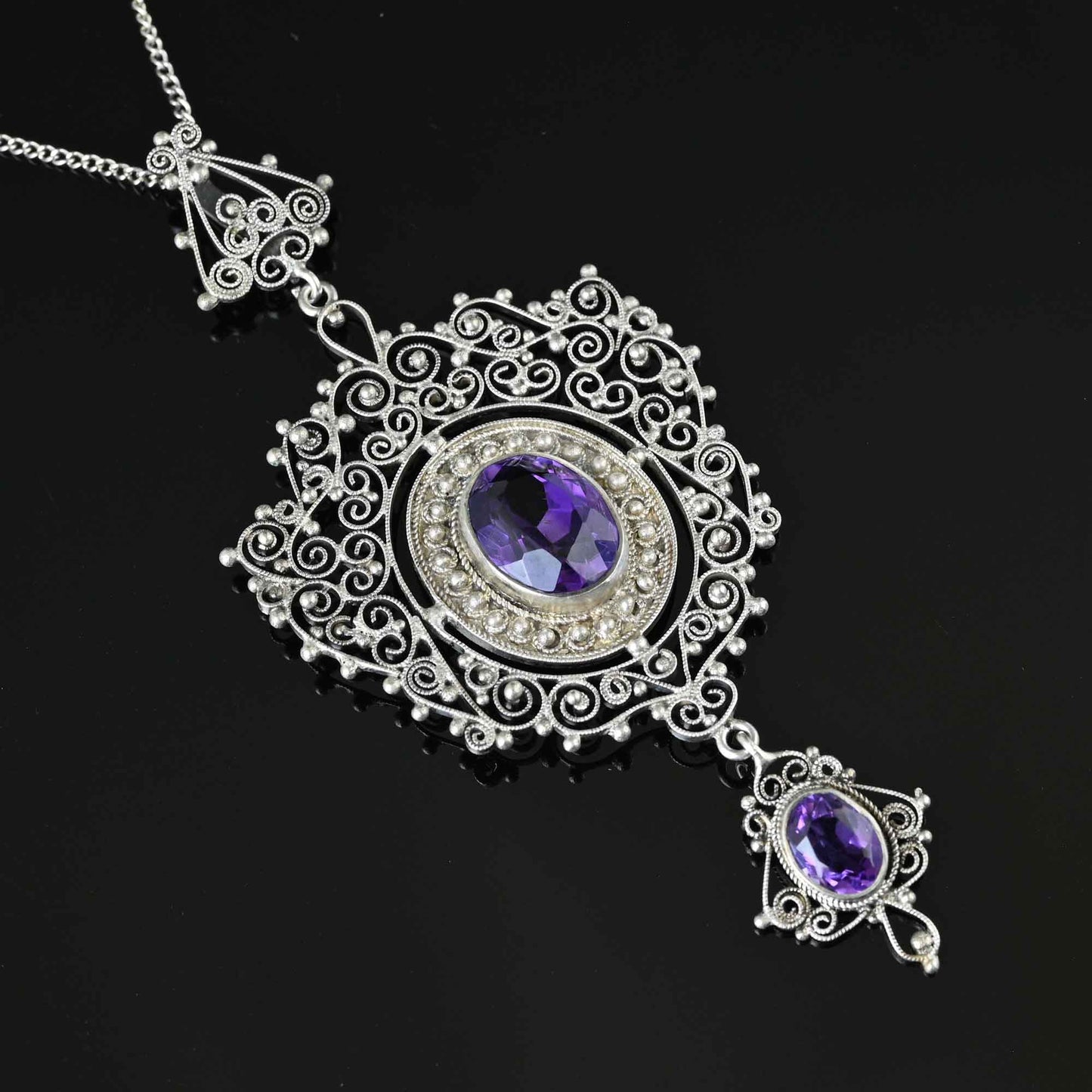 Antique Victorian Silver Filigree Amethyst Necklace - 925 Sterling Silver Necklace