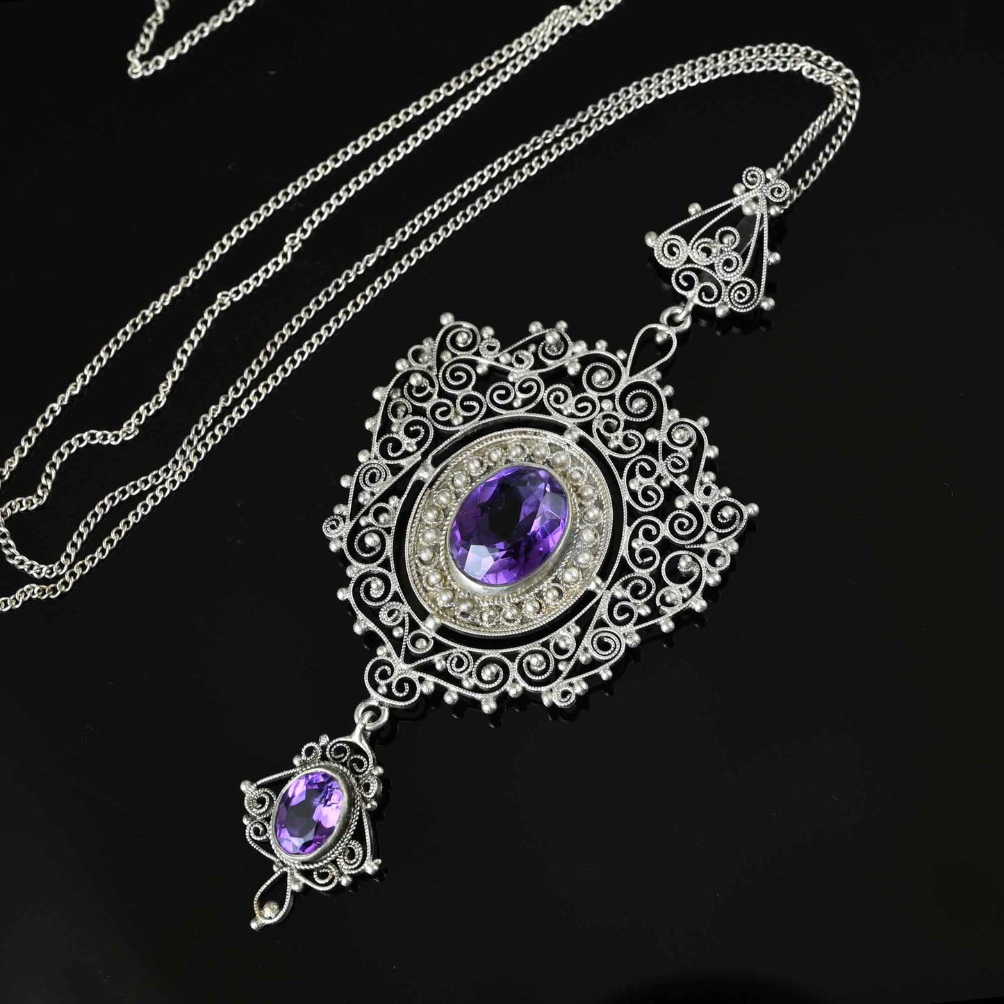 Antique Victorian Silver Filigree Amethyst Necklace - 925 Sterling Silver Necklace